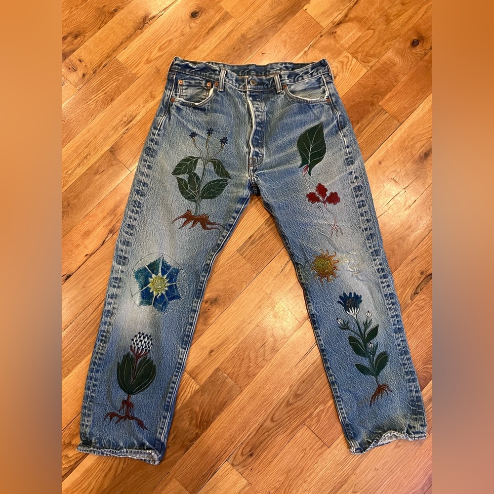 Incredible Handpainted Levi’s 501 jeans - 32 x 29 Voynich Manuscript 🌱 🌞 🔥